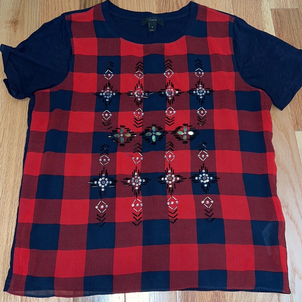 Jcrew | red and navy embellished t shirt